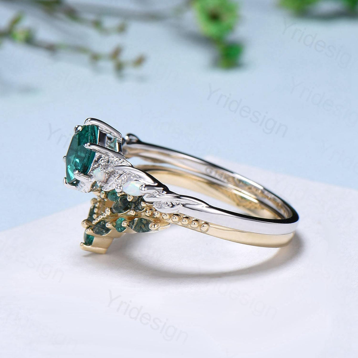 Unique hexagon cut emerald wedding set, Nature Inspired opal emerald engagement ring set, curved moss agate stacking band bridal set women