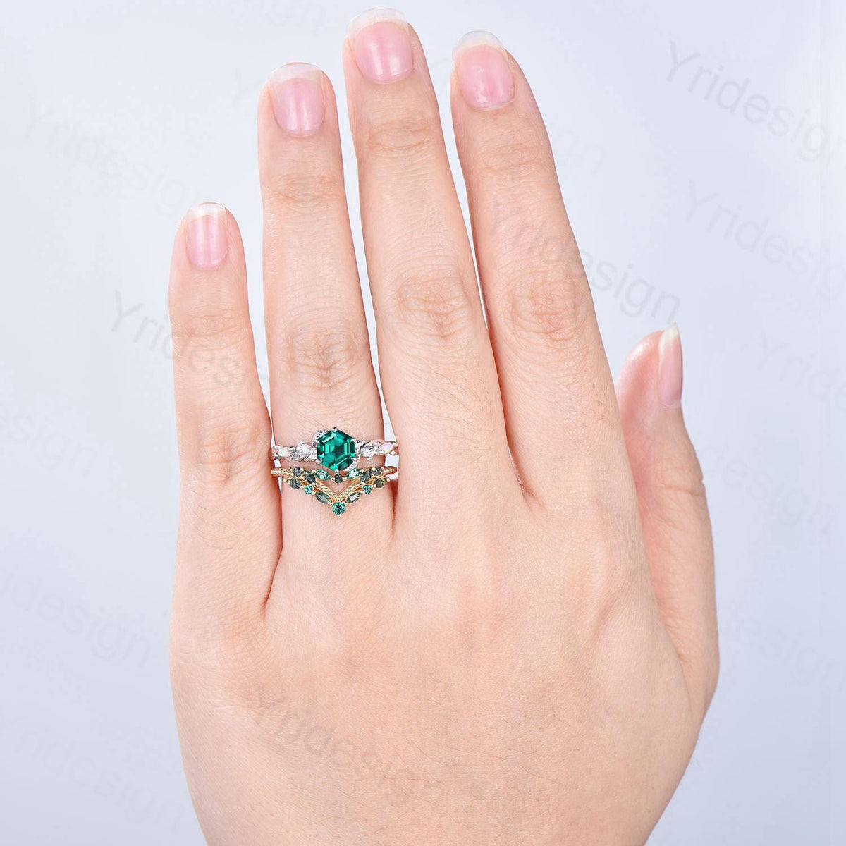 Unique hexagon cut emerald wedding set, Nature Inspired opal emerald engagement ring set, curved moss agate stacking band bridal set women