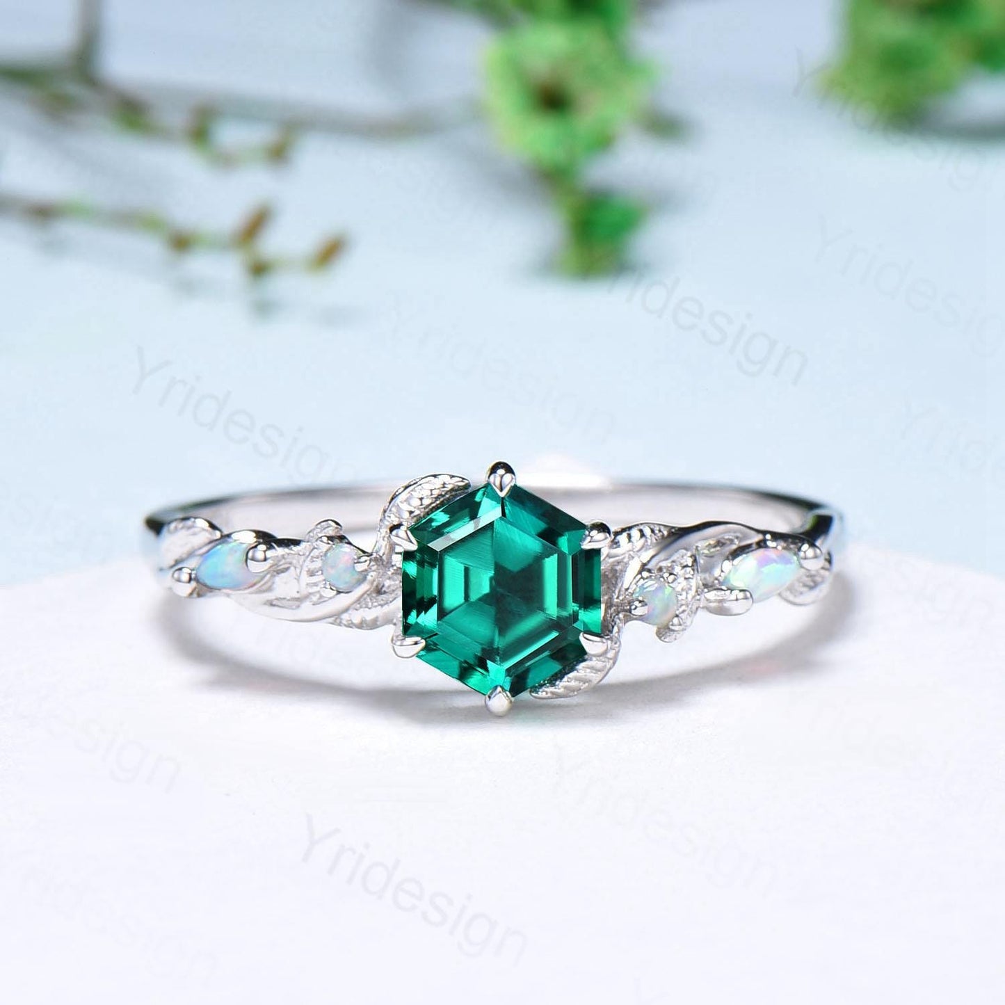 Unique emerald wedding ring set, Nature Inspired opal lab emerald engagement ring set, moon star alexandrite stacking band bridal set women