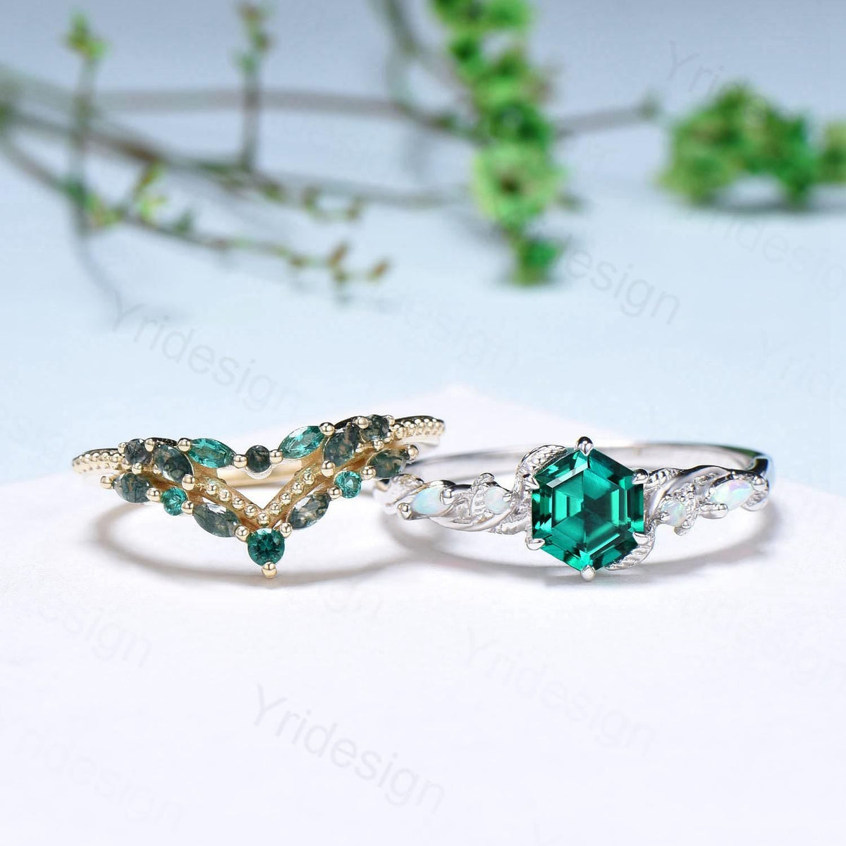 Unique hexagon cut emerald wedding set, Nature Inspired opal emerald engagement ring set, curved moss agate stacking band bridal set women