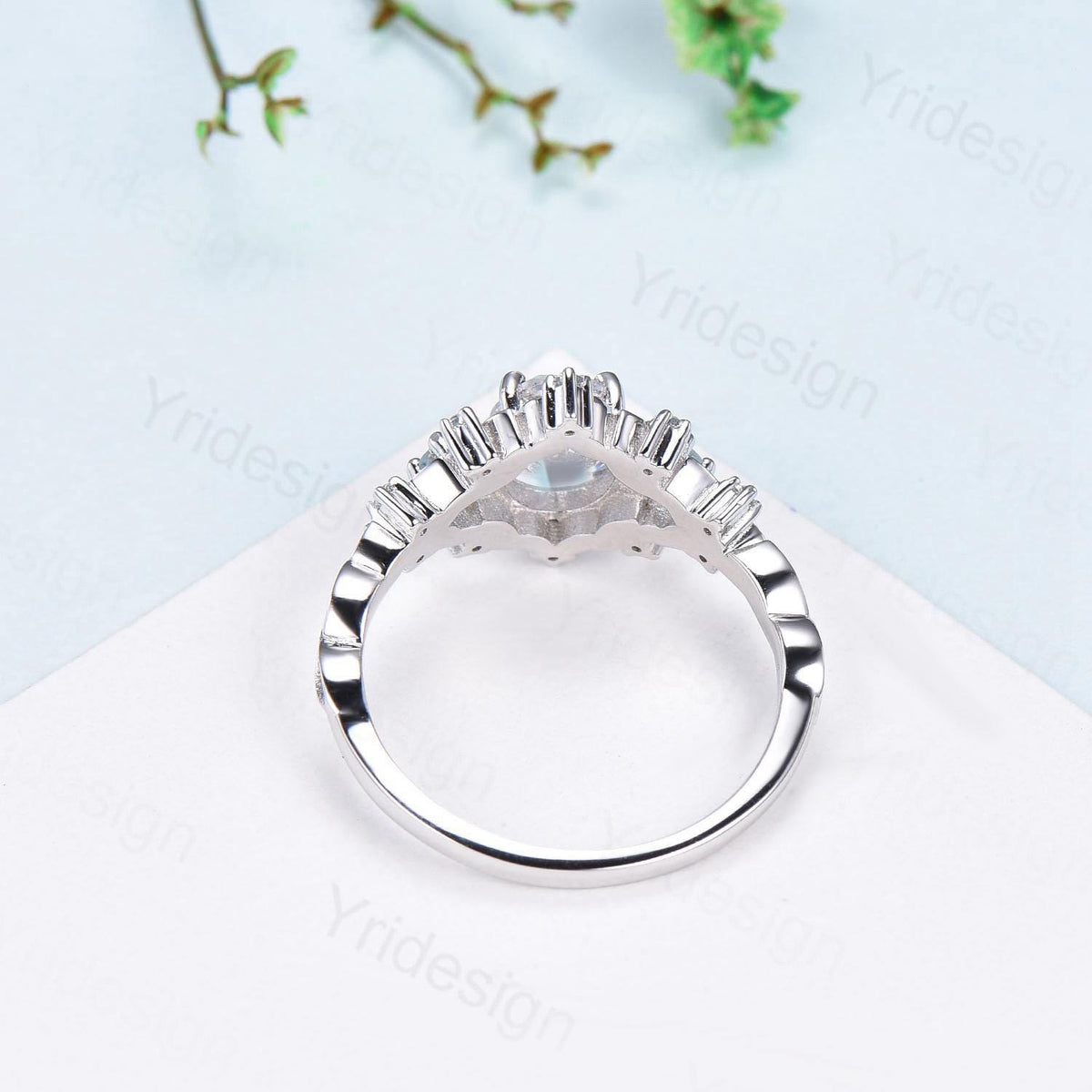 Unique oval blue paraiba engagement ring Nature Inspired silver white gold leaf engagement ring cluster aquamarine wedding band ring women