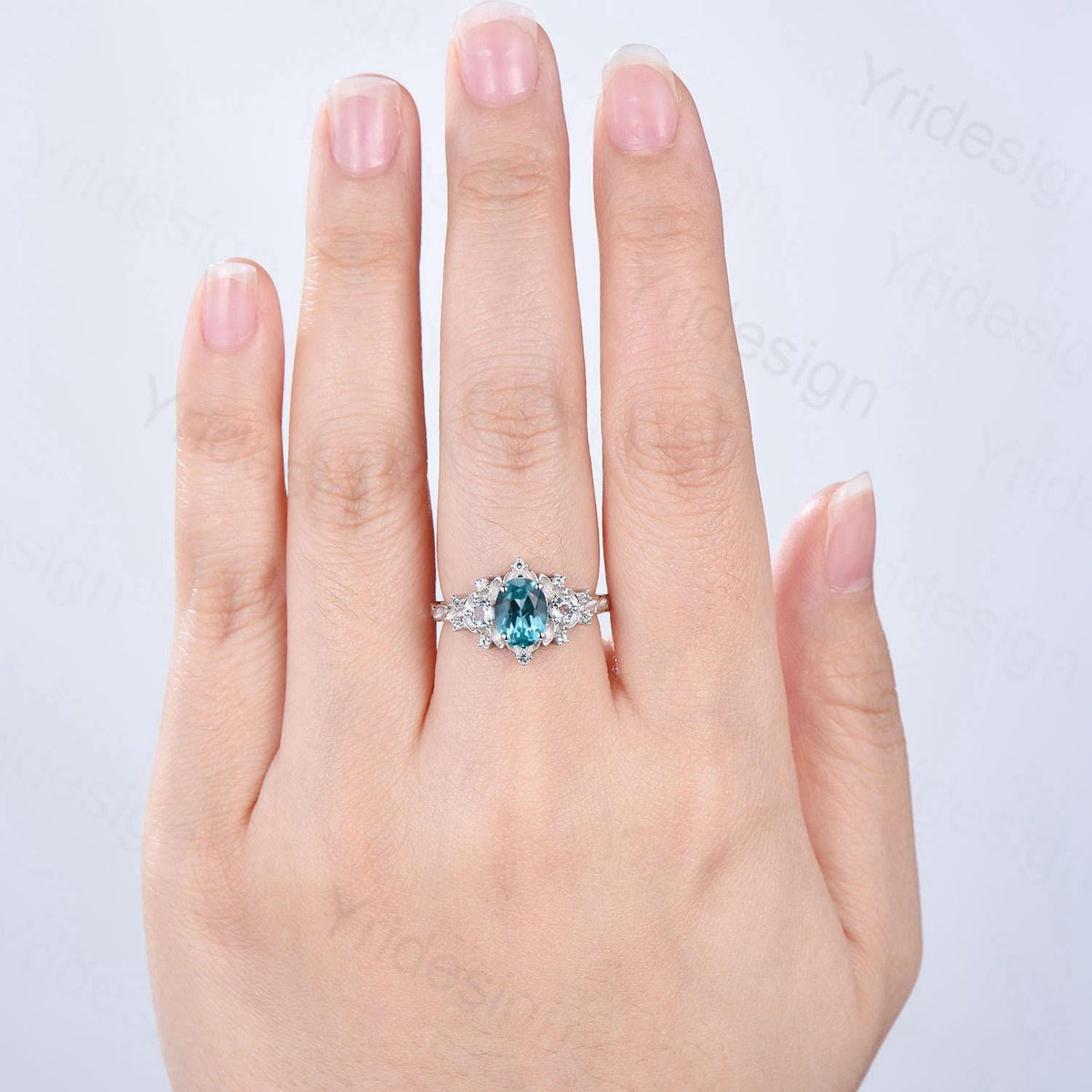 Unique oval blue paraiba engagement ring Nature Inspired silver white gold leaf engagement ring cluster aquamarine wedding band ring women