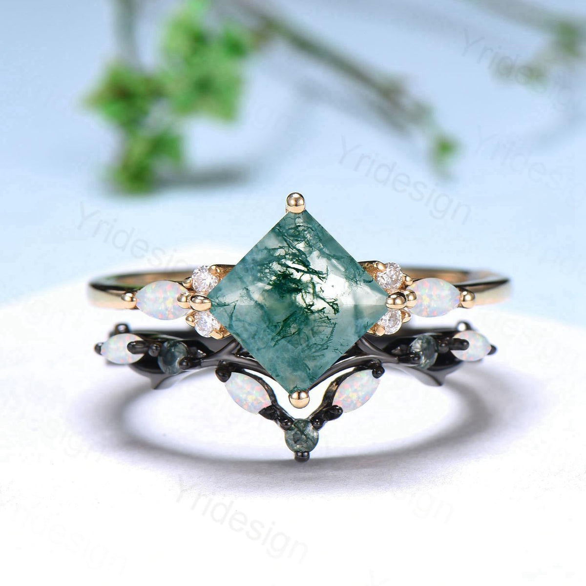 Vintage Princess Moss Agate Engagement Ring Set Cluster Opal Band Wedding Set Unique Black Gold  Green Agate Opal Stacking Band Bridal Set