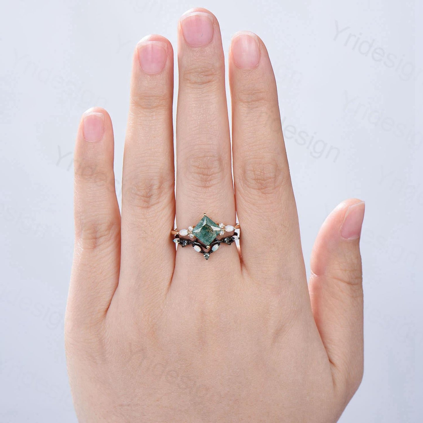 Vintage Princess Moss Agate Engagement Ring Set Cluster Opal Band Wedding Set Unique Black Gold  Green Agate Opal Stacking Band Bridal Set
