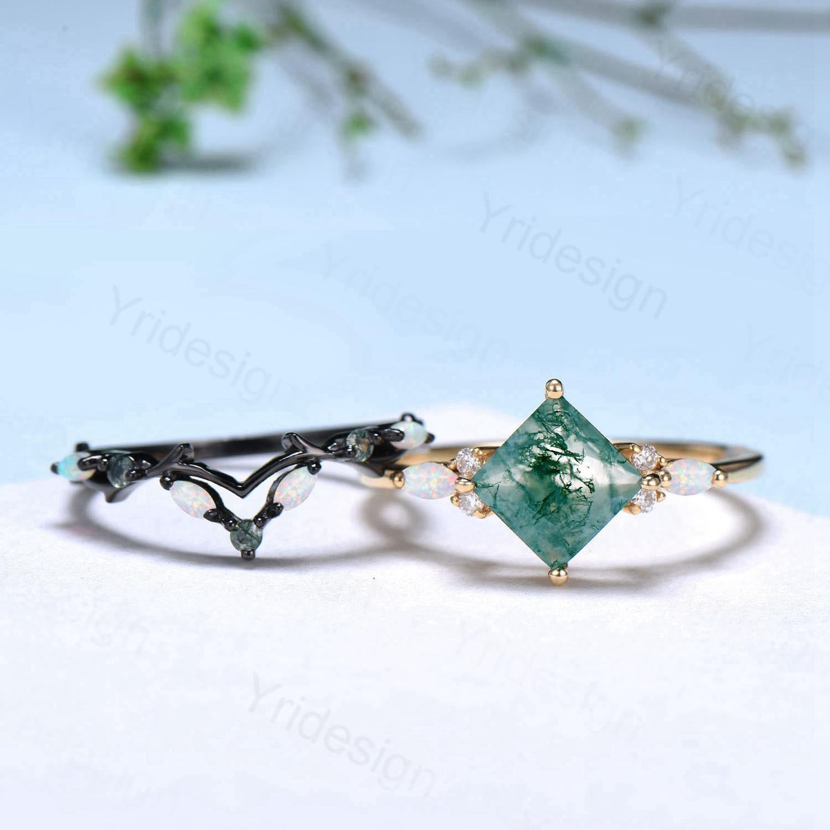 Vintage Princess Moss Agate Engagement Ring Set Cluster Opal Band Wedding Set Unique Black Gold  Green Agate Opal Stacking Band Bridal Set