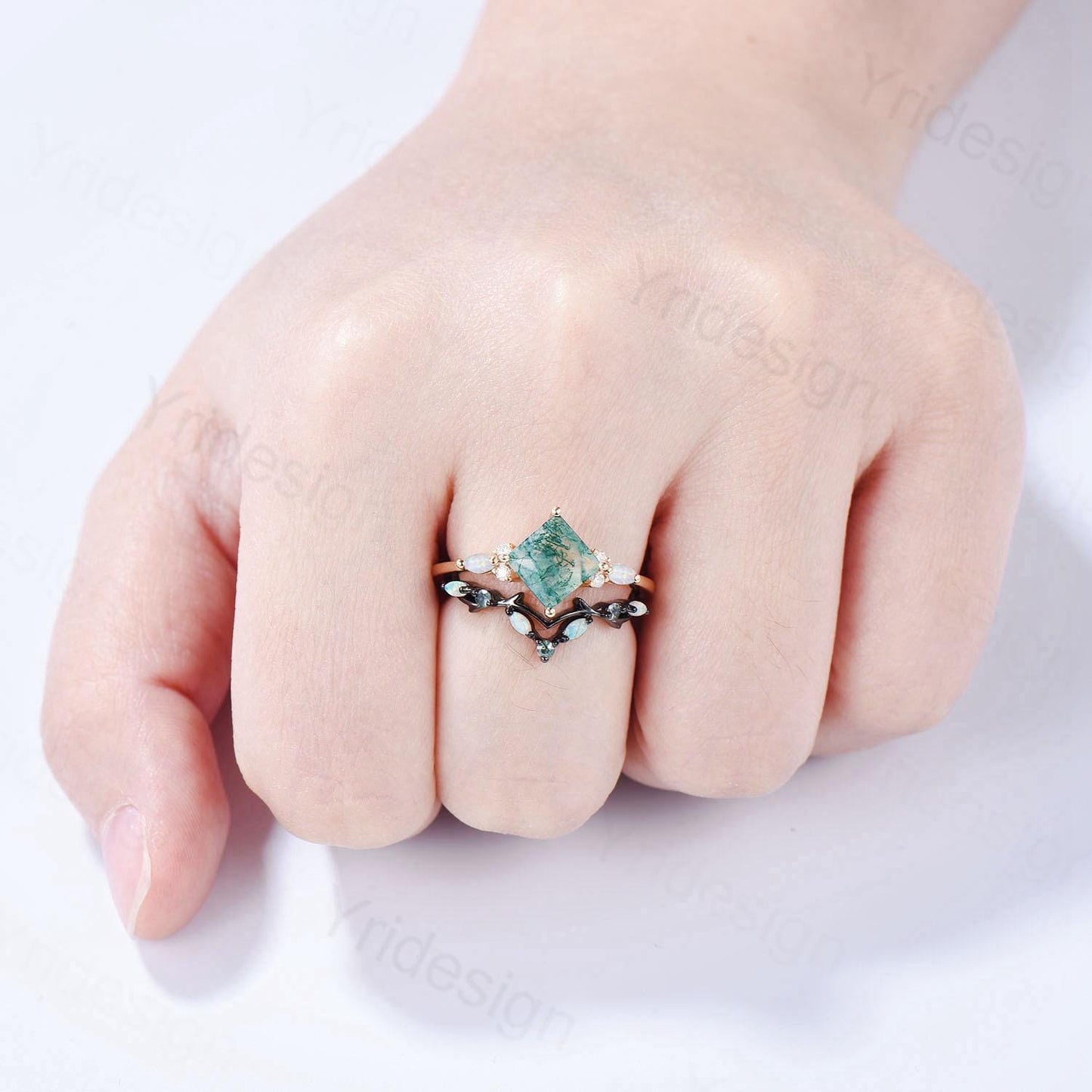 Vintage Princess Moss Agate Engagement Ring Set Cluster Opal Band Wedding Set Unique Black Gold  Green Agate Opal Stacking Band Bridal Set