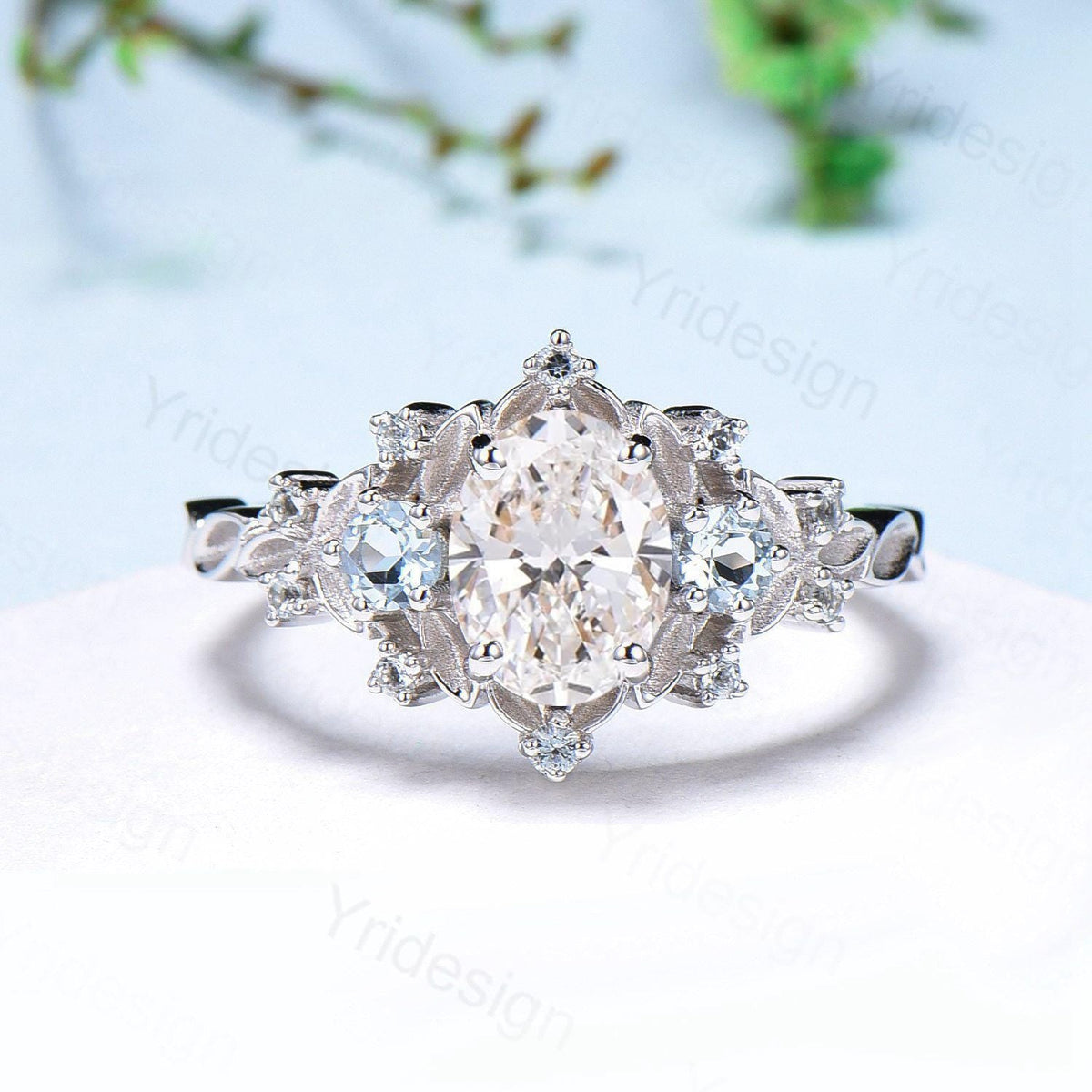Unique oval moissanite engagement ring Nature Inspired delicate white gold leaf engagement ring cluster aquamarine wedding band ring women