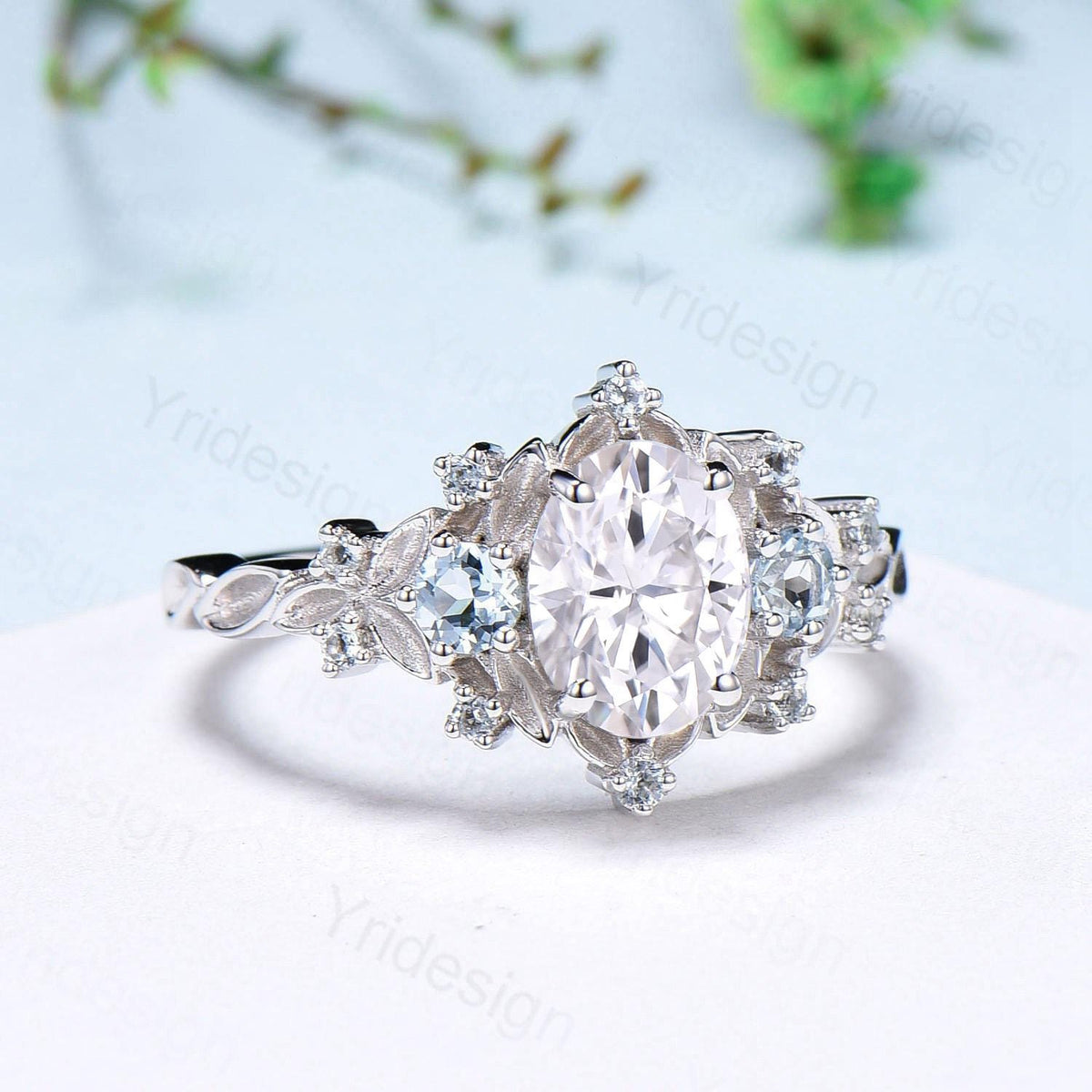 Unique oval moissanite engagement ring Nature Inspired delicate white gold leaf engagement ring cluster aquamarine wedding band ring women