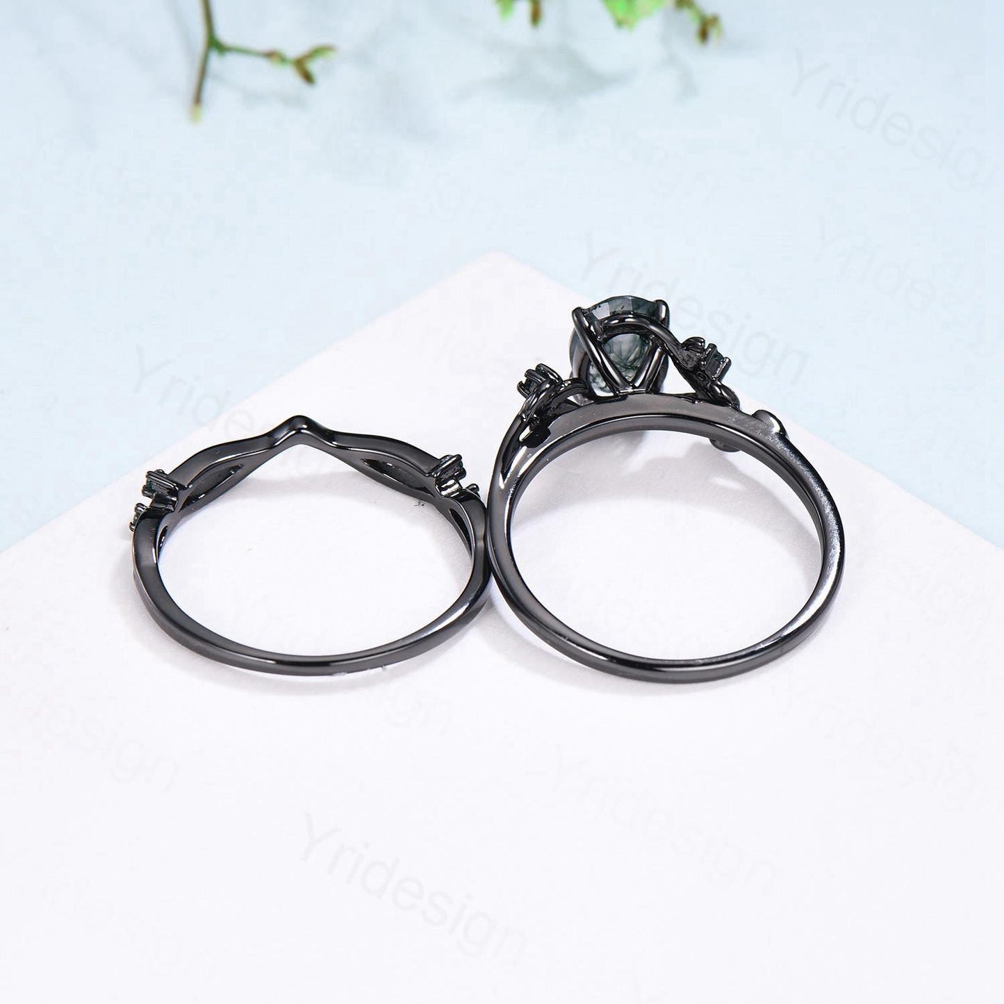 Black Gold Oval Emerald Engagement Ring Set Vintage Vine Branch Bridal Set