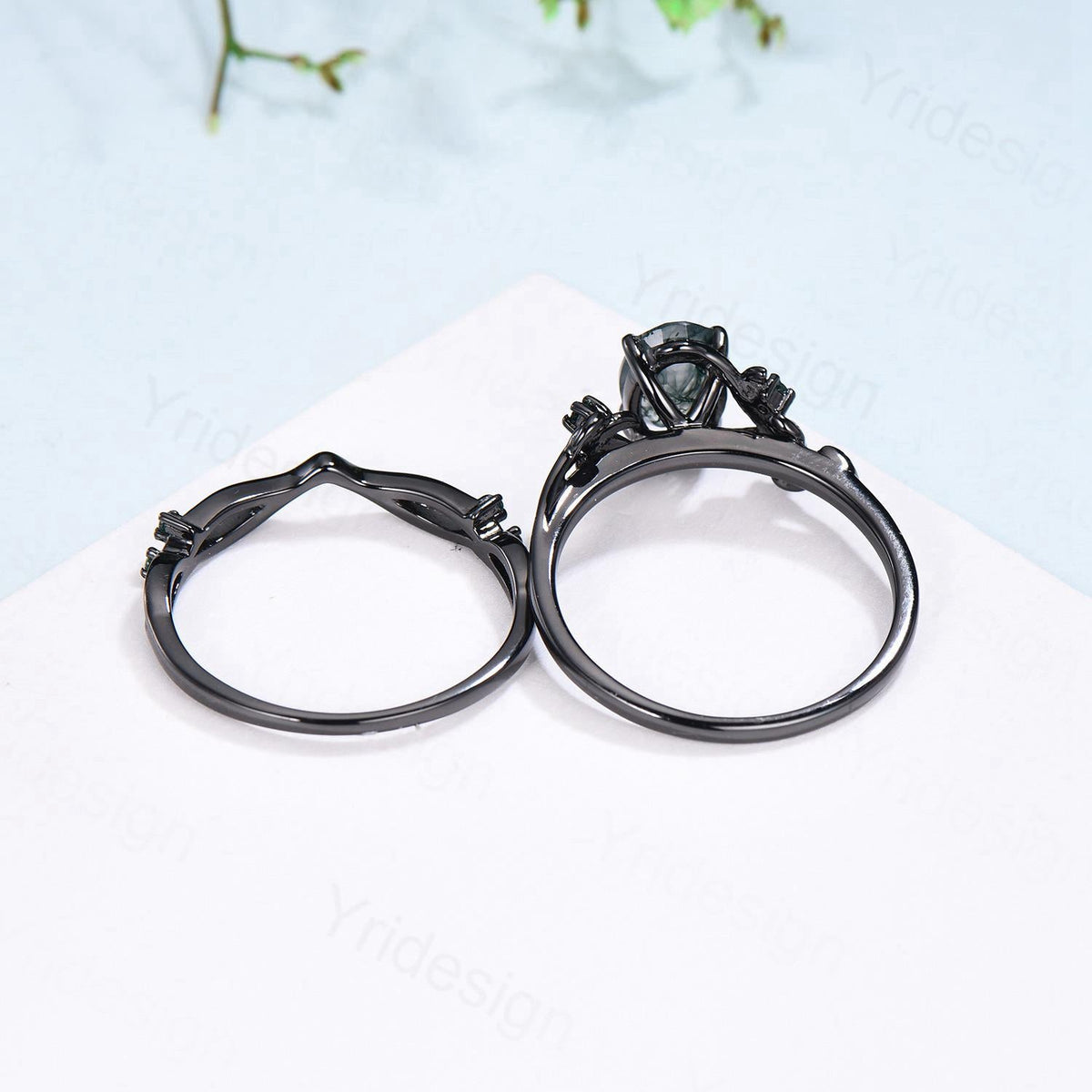 Black Gold Plated Oval Emerald Promise Ring Natural Inspired Silver Wedding Ring Set