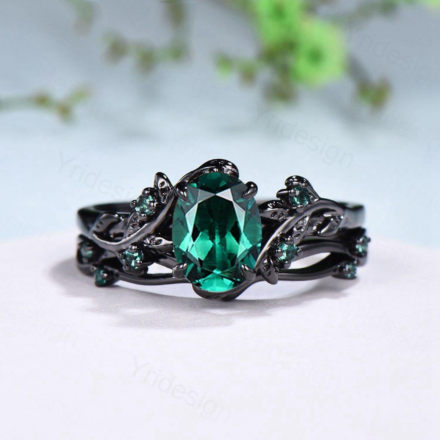 Black Gold Plated Oval Emerald Promise Ring Natural Inspired Silver Wedding Ring Set