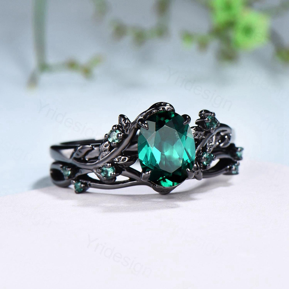 Black Gold Oval Emerald Engagement Ring Set Vintage Vine Branch Bridal Set