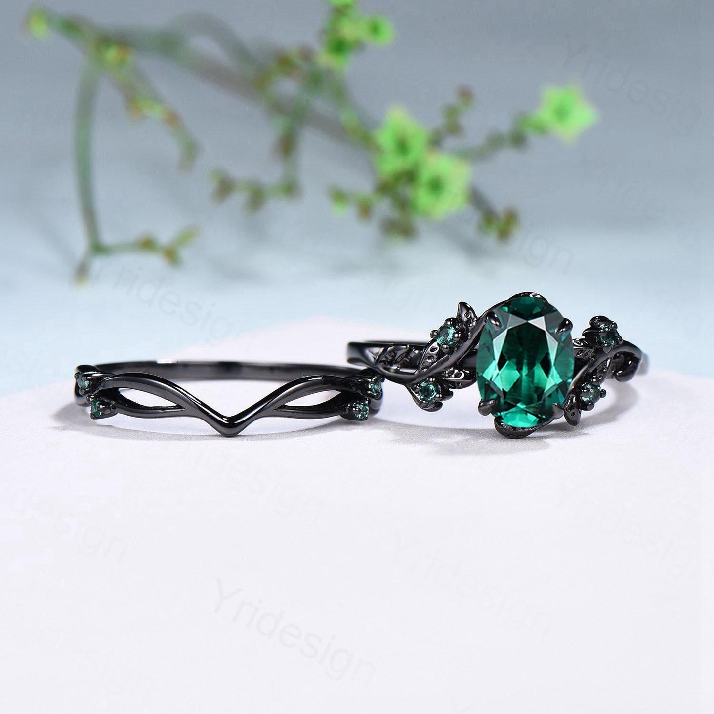 Black Gold Oval Emerald Engagement Ring Set Vintage Vine Branch Bridal Set