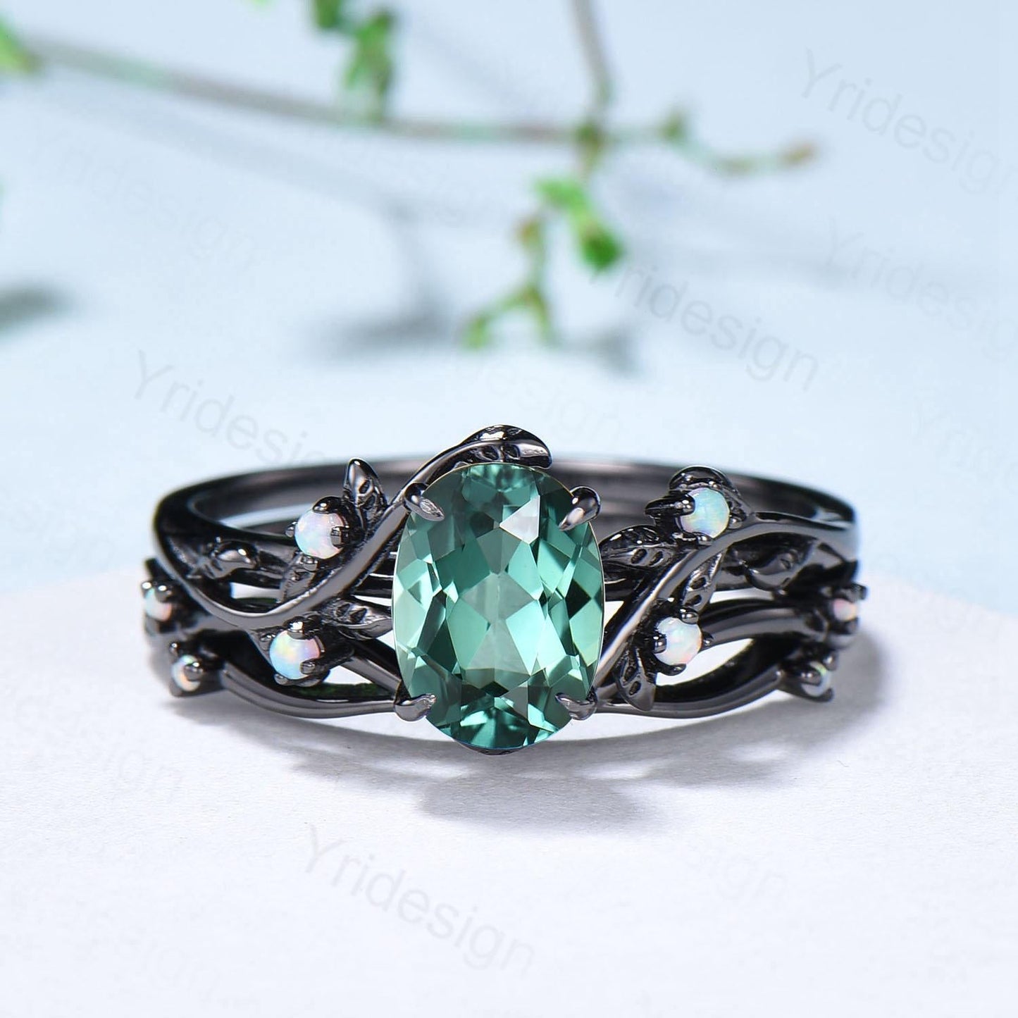 Natural Inspired black gold green sapphire wedding ring set unique leaf engagement ring Art deco   cluster opal band ring women Bridal Set