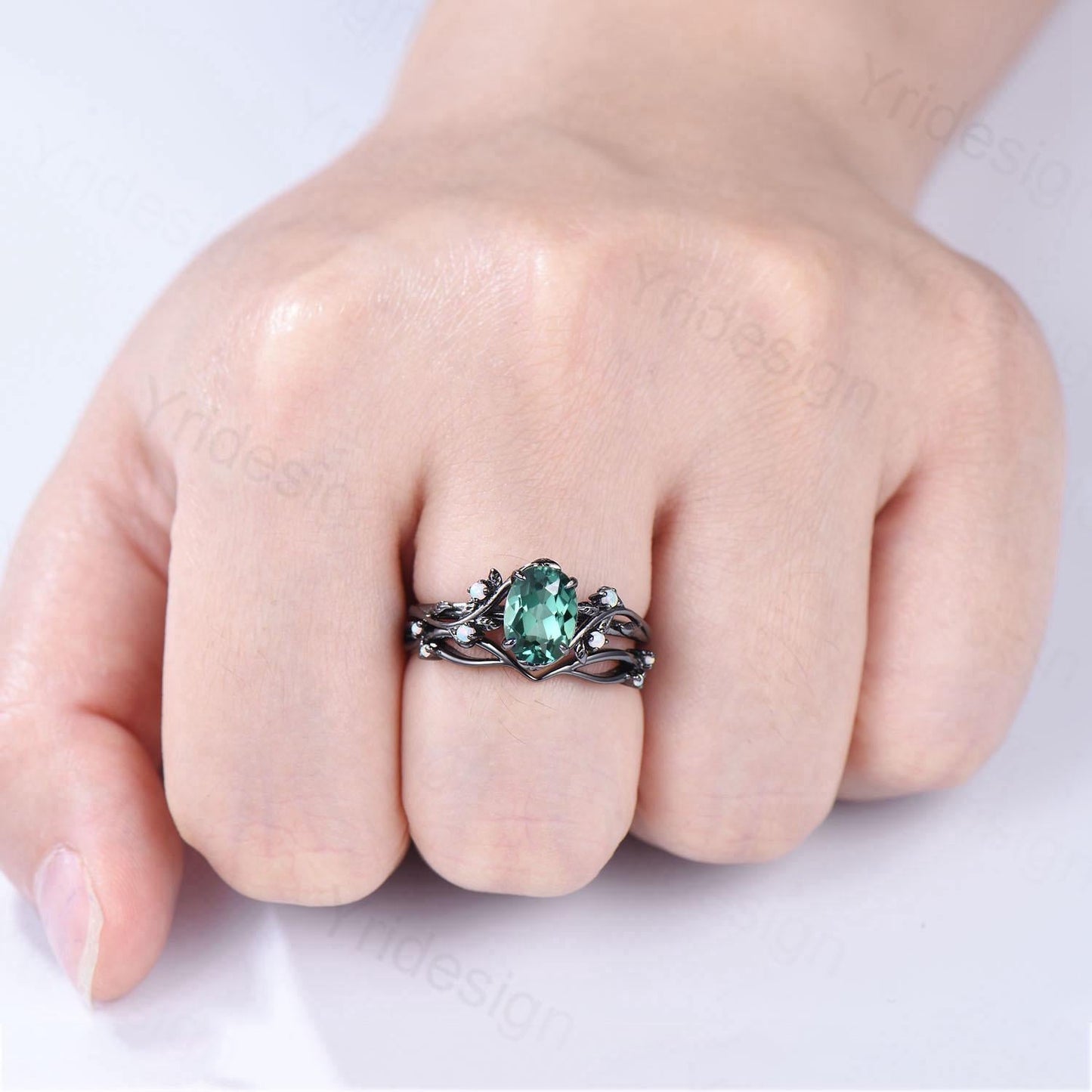 Natural Inspired black gold green sapphire wedding ring set unique leaf engagement ring Art deco   cluster opal band ring women Bridal Set