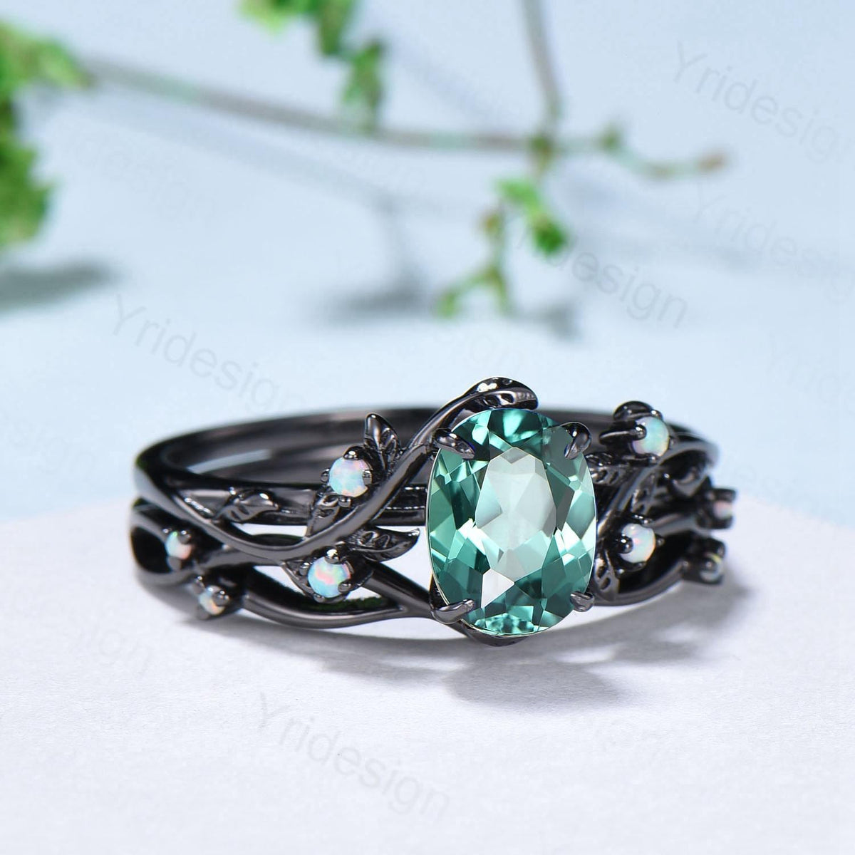 Natural Inspired black gold green sapphire wedding ring set unique leaf engagement ring Art deco   cluster opal band ring women Bridal Set