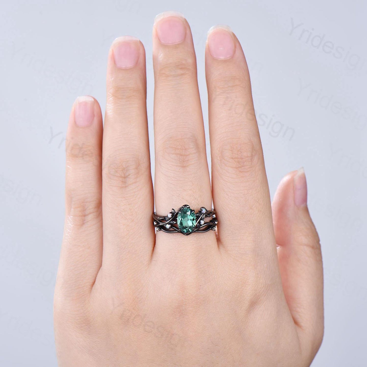 Natural Inspired black gold green sapphire wedding ring set unique leaf engagement ring Art deco   cluster opal band ring women Bridal Set
