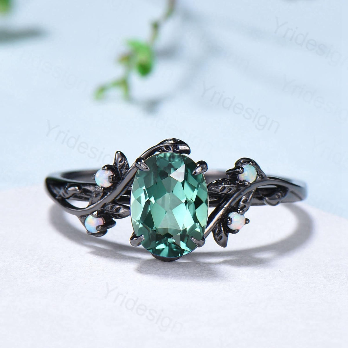 Natural Inspired black gold green sapphire wedding ring set unique leaf engagement ring Art deco   cluster opal band ring women Bridal Set