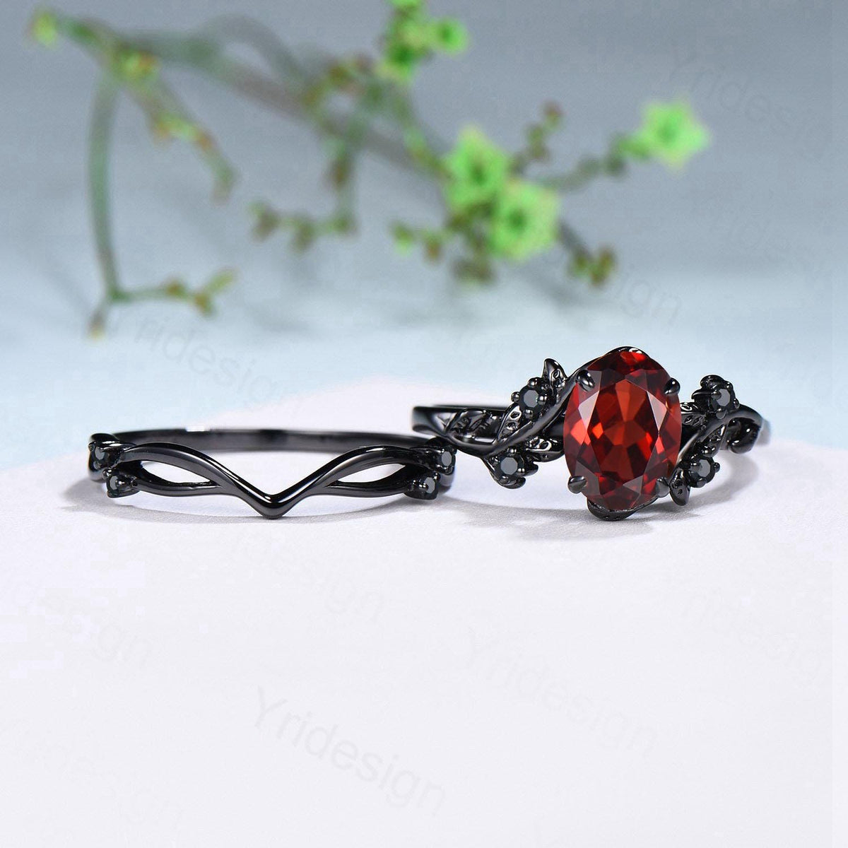 Nature Inspired black gold garnet ring set Unique garnet leaf engagement ring women cluster spinel January birthstone bridal ring set women