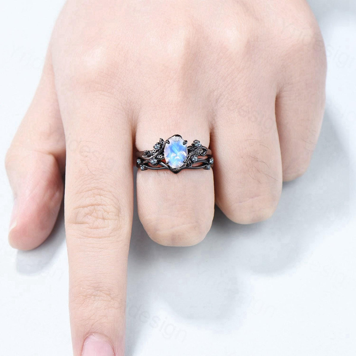 Unique black gold moonstone ring set Nature Inspired June birthstone engagement ring vintage cluster alexandrite Leaf wedding ring set women