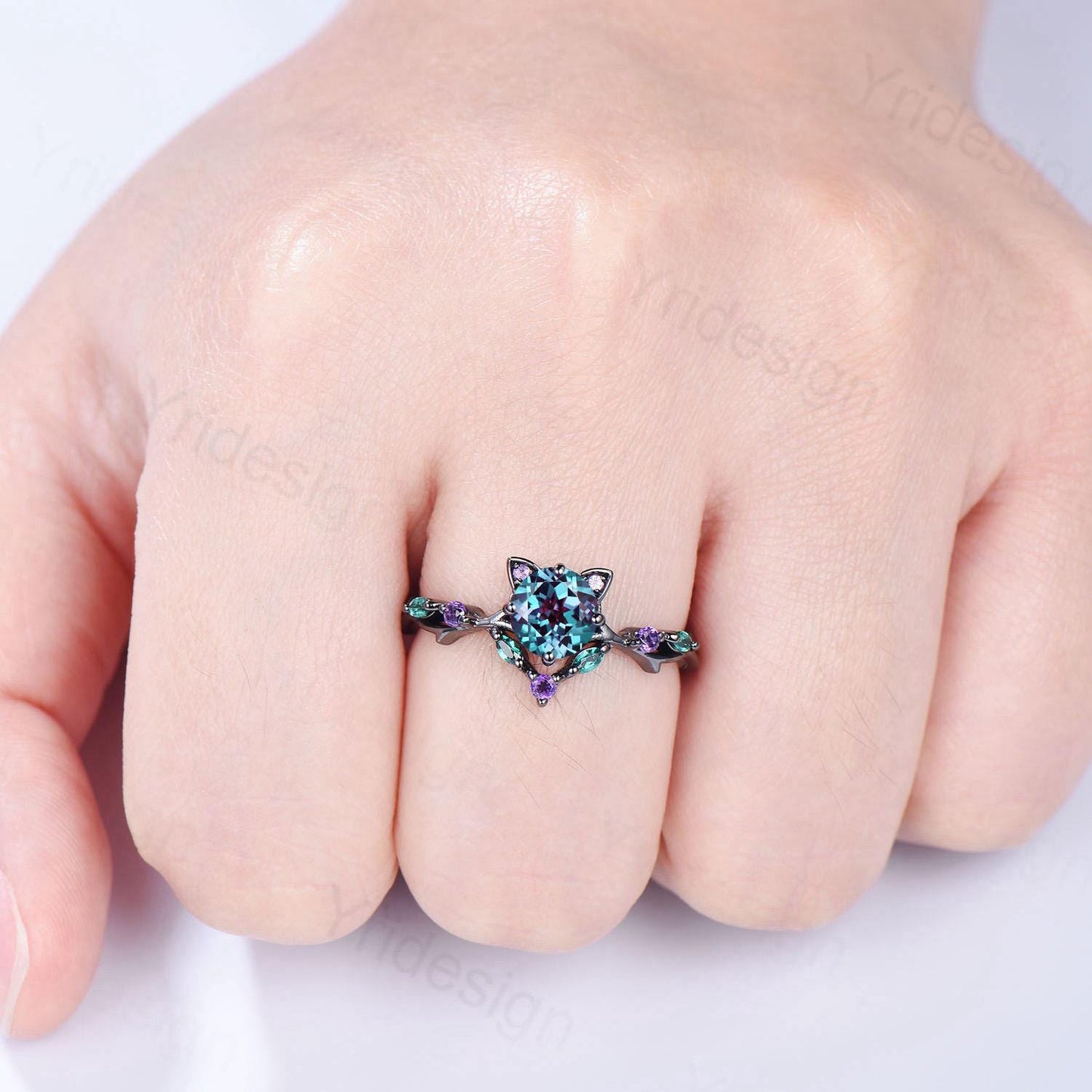 Cat Alexandrite Engagement Ring Black Gold Animal Inspired Amethyst Emerald Ring