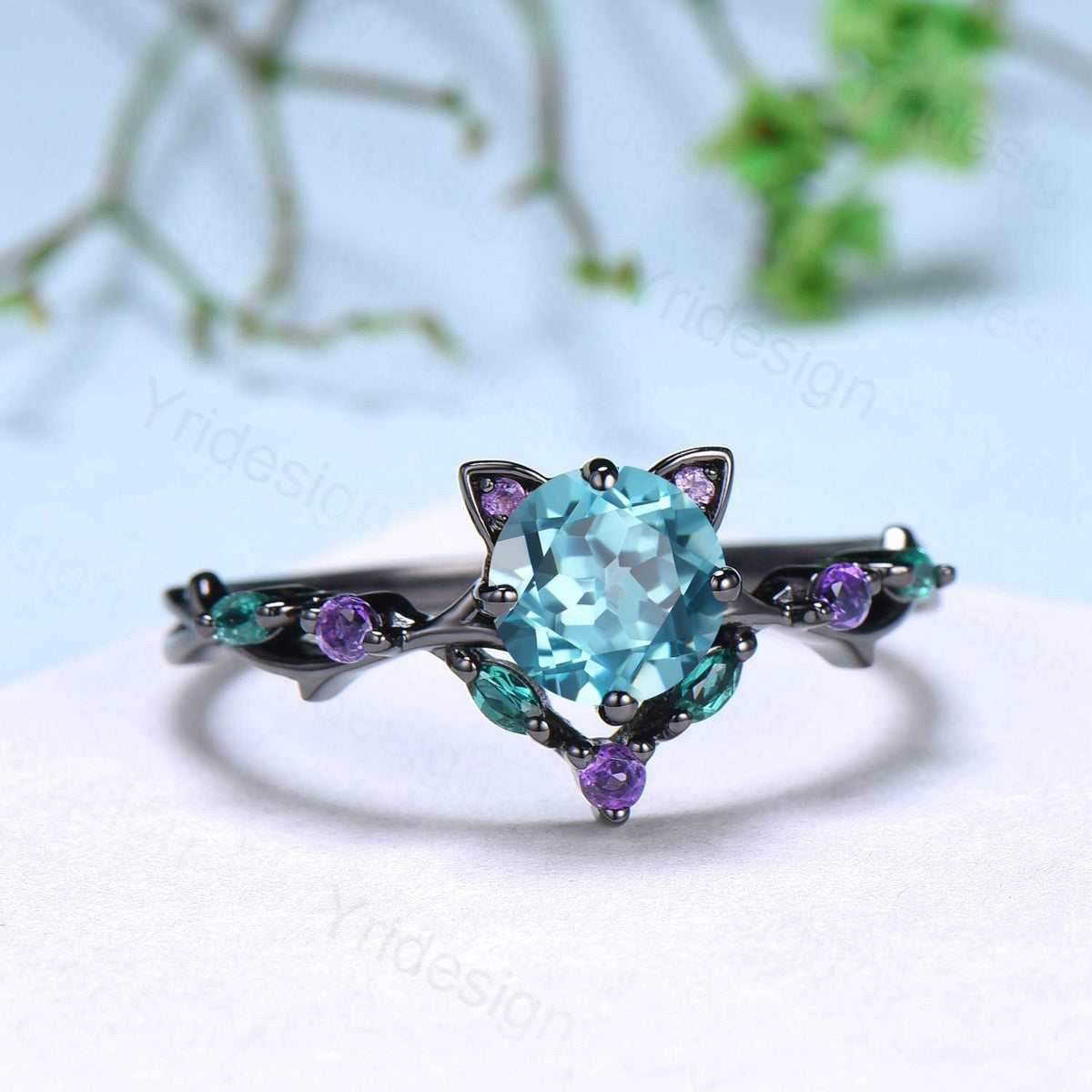 Unique Cat Ring Black Gold Paraíba Engagement Ring Black Gold Animal Inspired Amethyst Emerald Band Vintage Promise Anniversary Ring Women