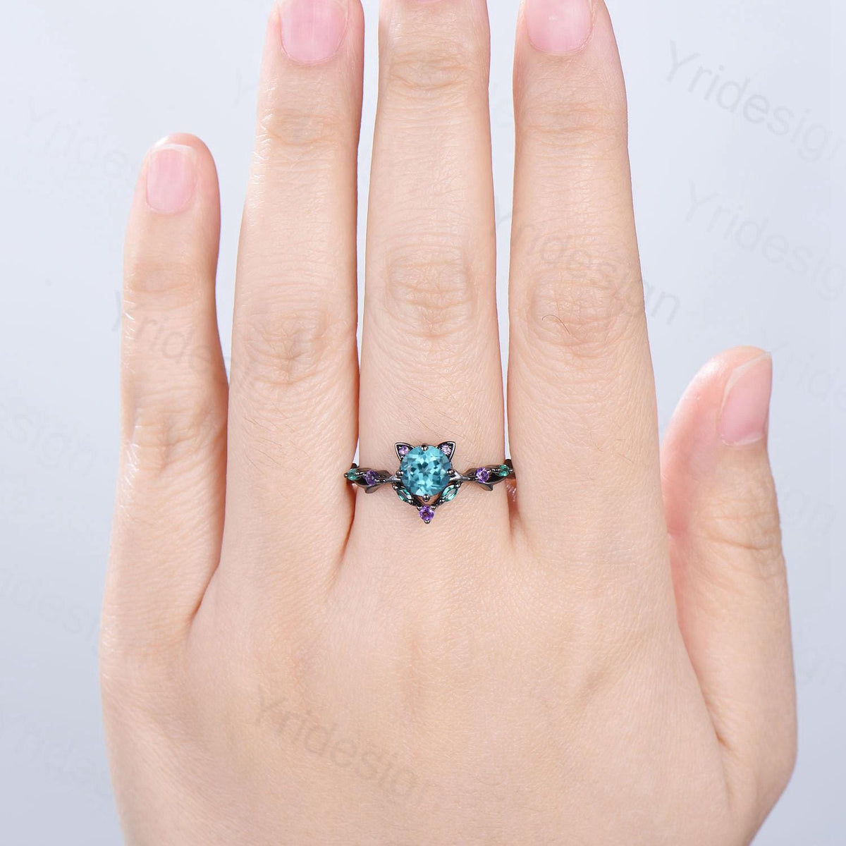 Unique Cat Ring Black Gold Paraíba Engagement Ring Black Gold Animal Inspired Amethyst Emerald Band Vintage Promise Anniversary Ring Women