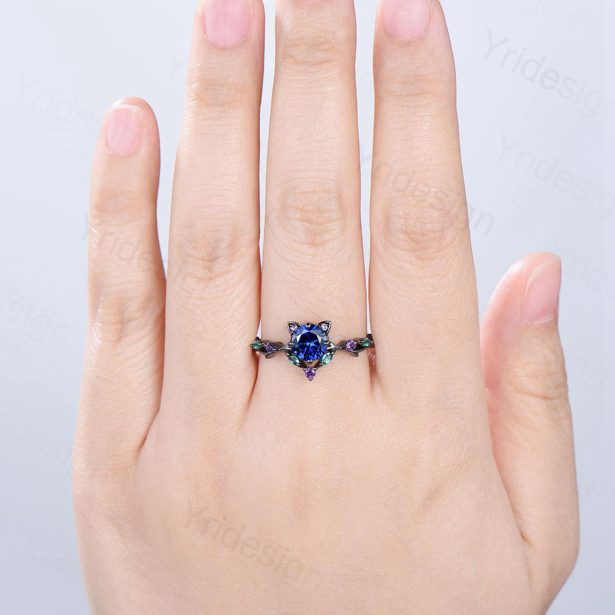 Unique Blue Sapphire Ring Black Gold Cat Engagement Ring Black Gold Animal Inspired Amethyst Emerald Band September Birthstone Promise Gift