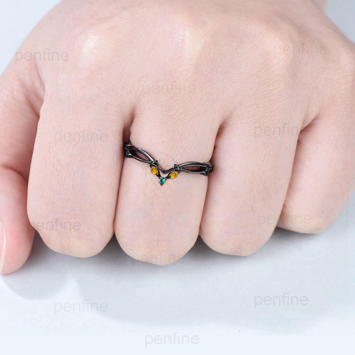 Unique Gothic Wedding Ring Black Gold Emerald Wedding Ring Marquise Citrine Emerald Stackable Matching Band Handmade Proposal Gifts Women
