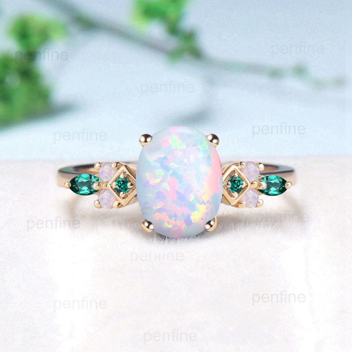 Vintage White Opal Engagement Ring Cluster Emerald Fire Opal Wedding Ring October Birthstone Bridal Ring Rose Gold Anniversary Ring Women
