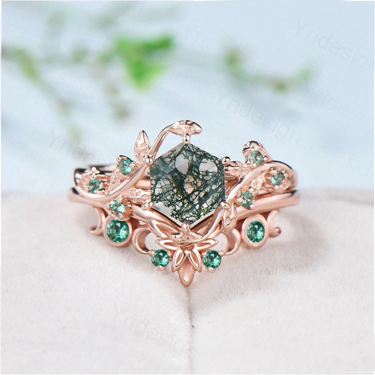 2pcs Hexagon Cut Moss Agate Ring Set Elegant Green Agate Nature Inspired Engagement Ring Emerald Stacking Band Bridal Set Anniversary Gift