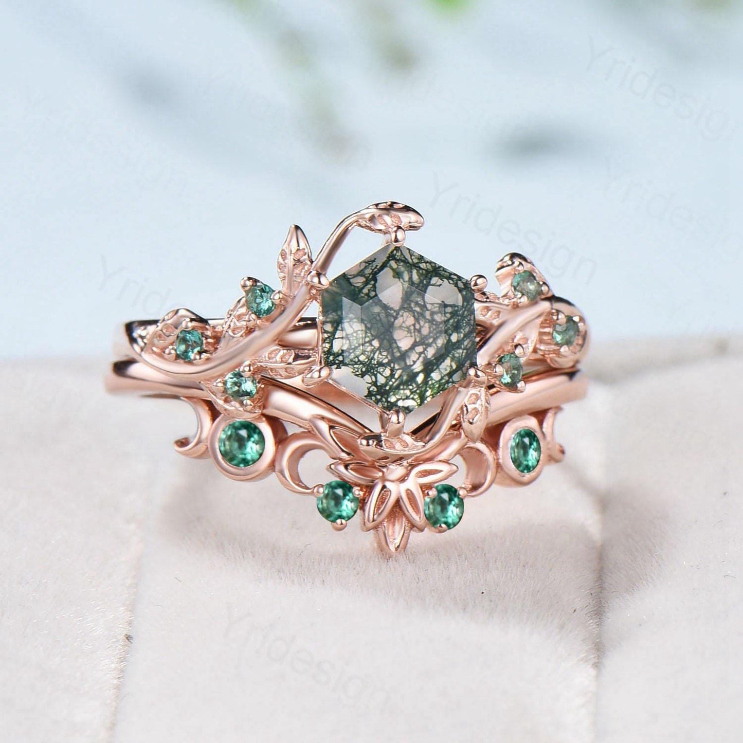 2pcs Hexagon Cut Moss Agate Ring Set Elegant Green Agate Nature Inspired Engagement Ring Emerald Stacking Band Bridal Set Anniversary Gift