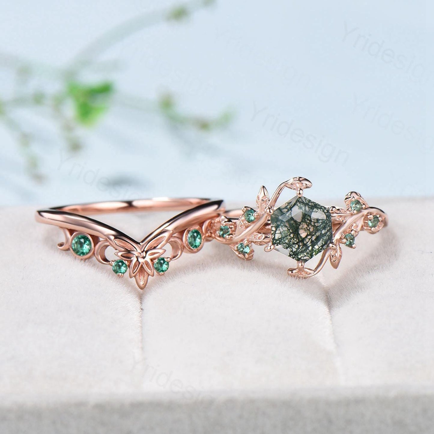 2pcs Hexagon Cut Moss Agate Ring Set Elegant Green Agate Nature Inspired Engagement Ring Emerald Stacking Band Bridal Set Anniversary Gift