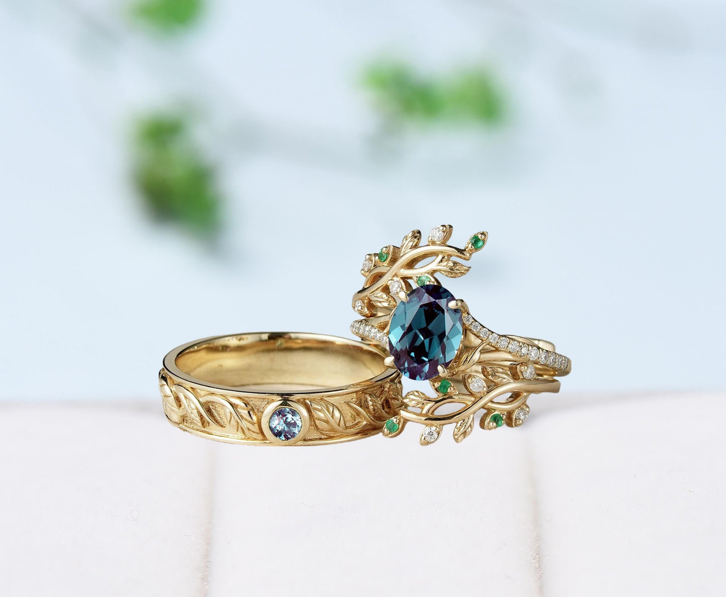 Nature inspired Couples ring set Unique alexandrite leaf vine wedding set twig cross ring men and women His Hers engagement Promise gift