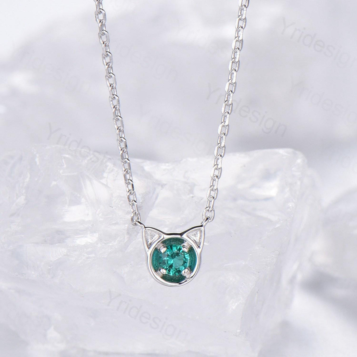 Dainty cat emerald pendant necklace, silver white gold pendant necklace unique personalized gift, Cat's Paw anniversary gift for daughter