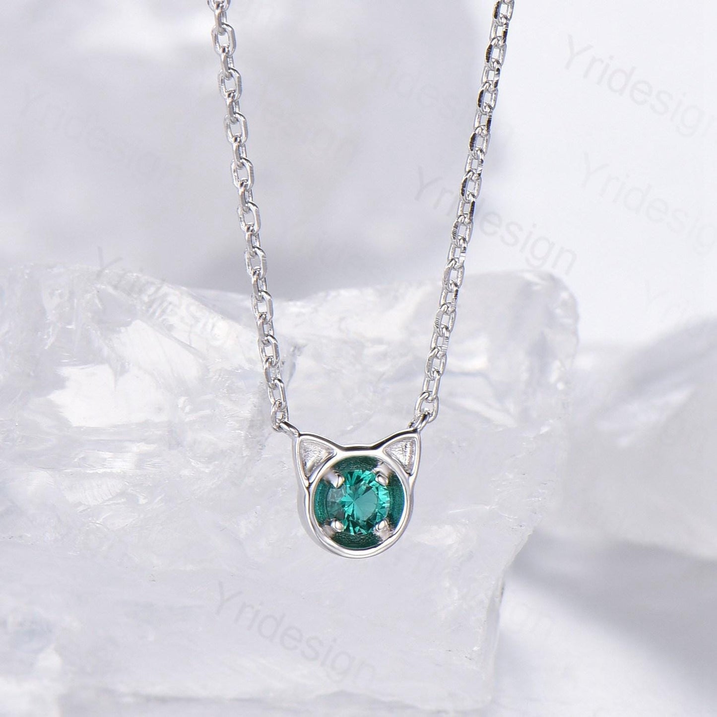 Dainty cat emerald pendant necklace, silver white gold pendant necklace unique personalized gift, Cat's Paw anniversary gift for daughter