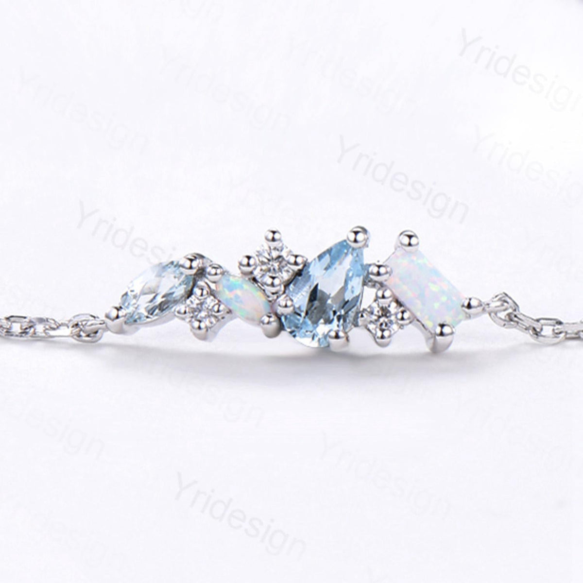 Elegant Pear Shaped Aquamarine Bracelet Multi-Stone Baguette White Opal Lobster Claw Bracelet Silver Gold Art Deco Anniversary Gift Women