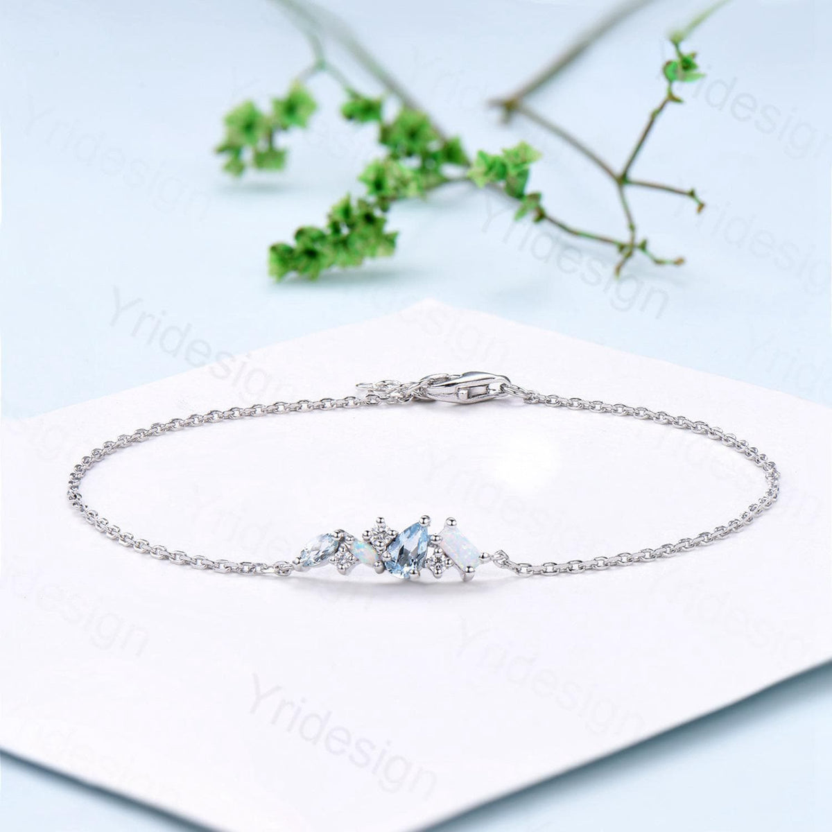 Elegant Pear Shaped Aquamarine Bracelet Multi-Stone Baguette White Opal Lobster Claw Bracelet Silver Gold Art Deco Anniversary Gift Women