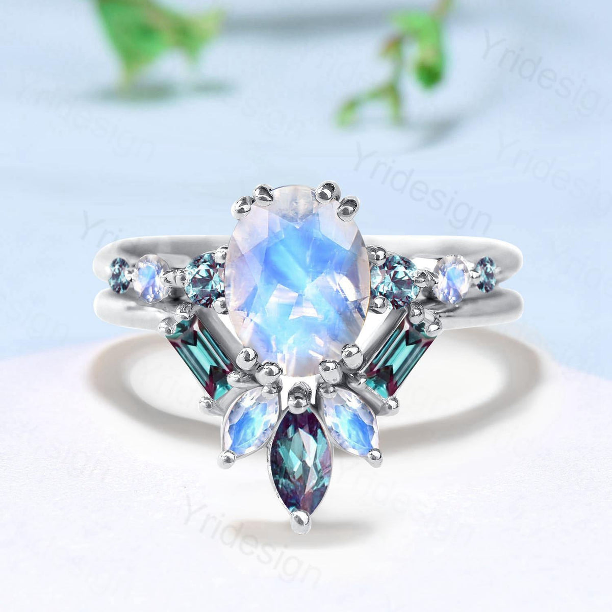 1.5CT Natural Oval Moonstone Engagement Ring Set Unique Seven Stone Alexandrite June Birthstone Bridal Set Unique Anniversary Ring For Women