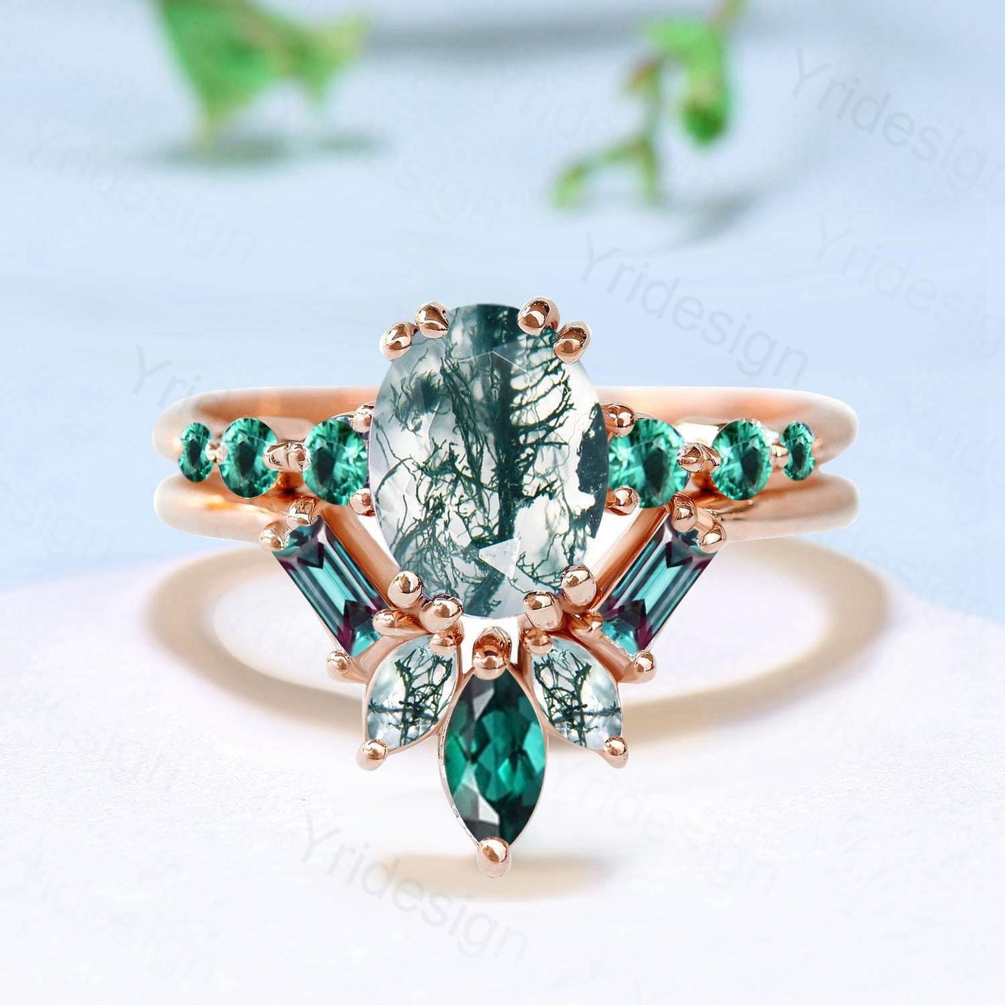 1.5CT Natural Oval  Green Moss Agate Engagement Ring Set Unique Seven Stone Alexandrite Emerald Bridal Set Unique Anniversary Ring For Women