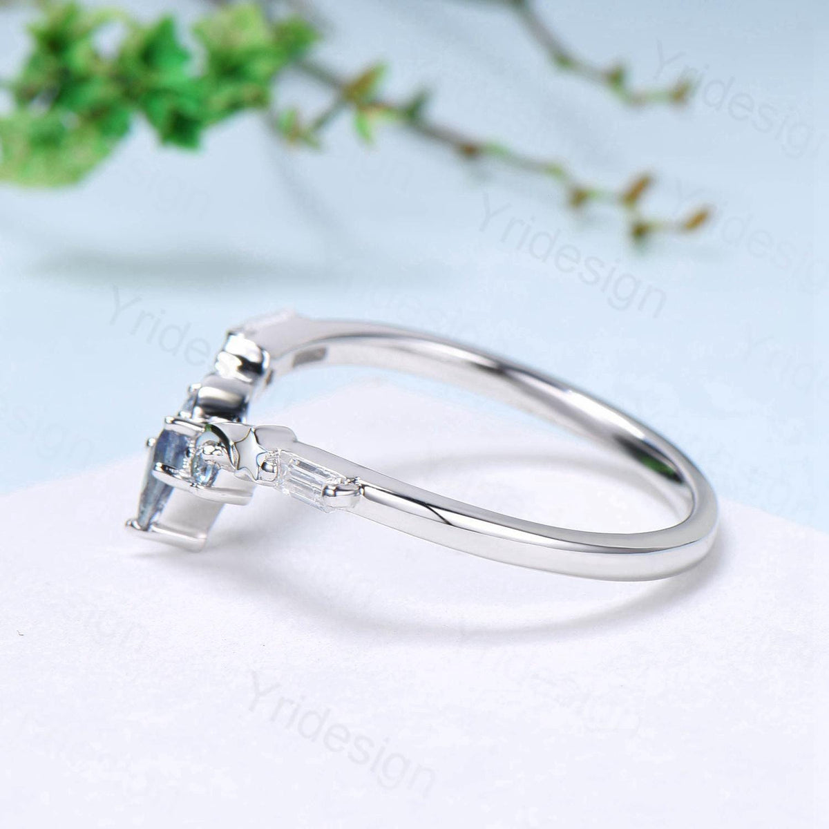 Unique Moon star alexandrite wedding band ring white gold elegant band for women art deco stacking ring baguette moissanite anniversary gift