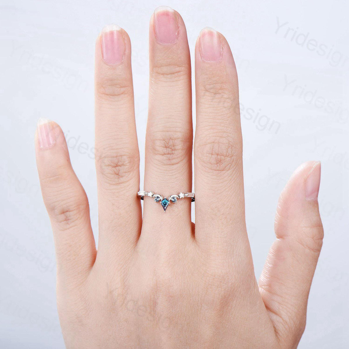 Unique Moon star alexandrite wedding band ring white gold elegant band for women art deco stacking ring baguette moissanite anniversary gift