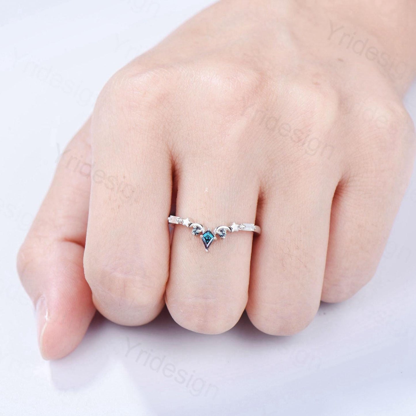 Unique Moon star alexandrite wedding band ring white gold elegant band for women art deco stacking ring baguette moissanite anniversary gift