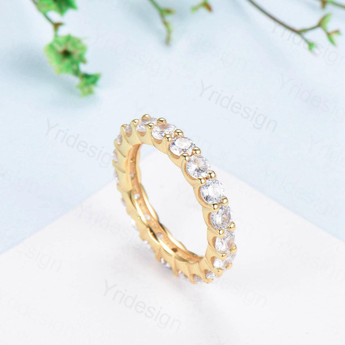 Round Moissanite Band Full Eternity Band Wedding Band 3mm Round Cut Moissanite Wedding Ring 14K Yellow Gold Anniversary Promise Women's Band