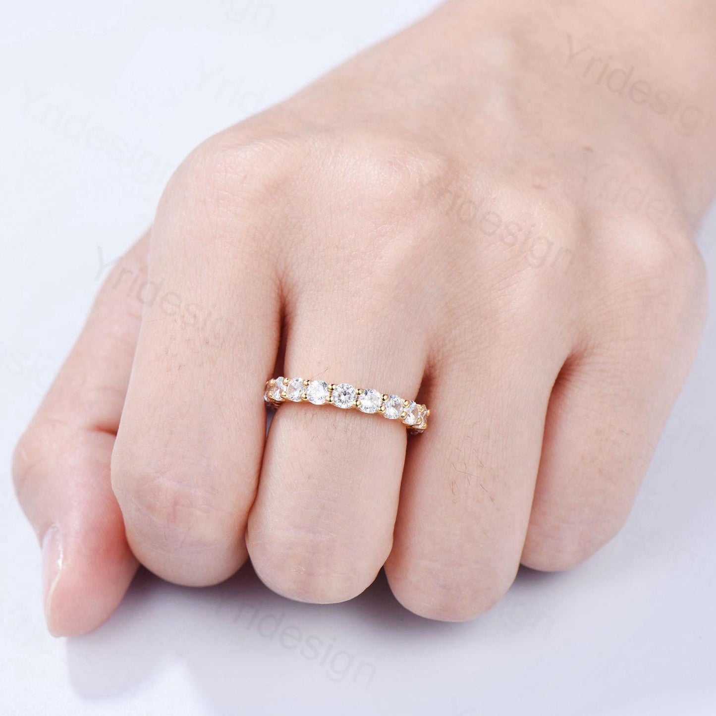 Round Moissanite Band Full Eternity Band Wedding Band 3mm Round Cut Moissanite Wedding Ring 14K Yellow Gold Anniversary Promise Women's Band