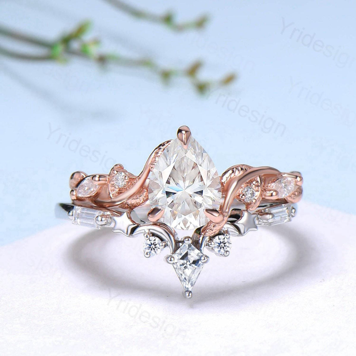 Vintage Pear Shaped Moissanite Engagement Ring Set IGI Certificate Lab Grown Diamond Wedding Ring Set Moon Star Stacking Band Bridal Set