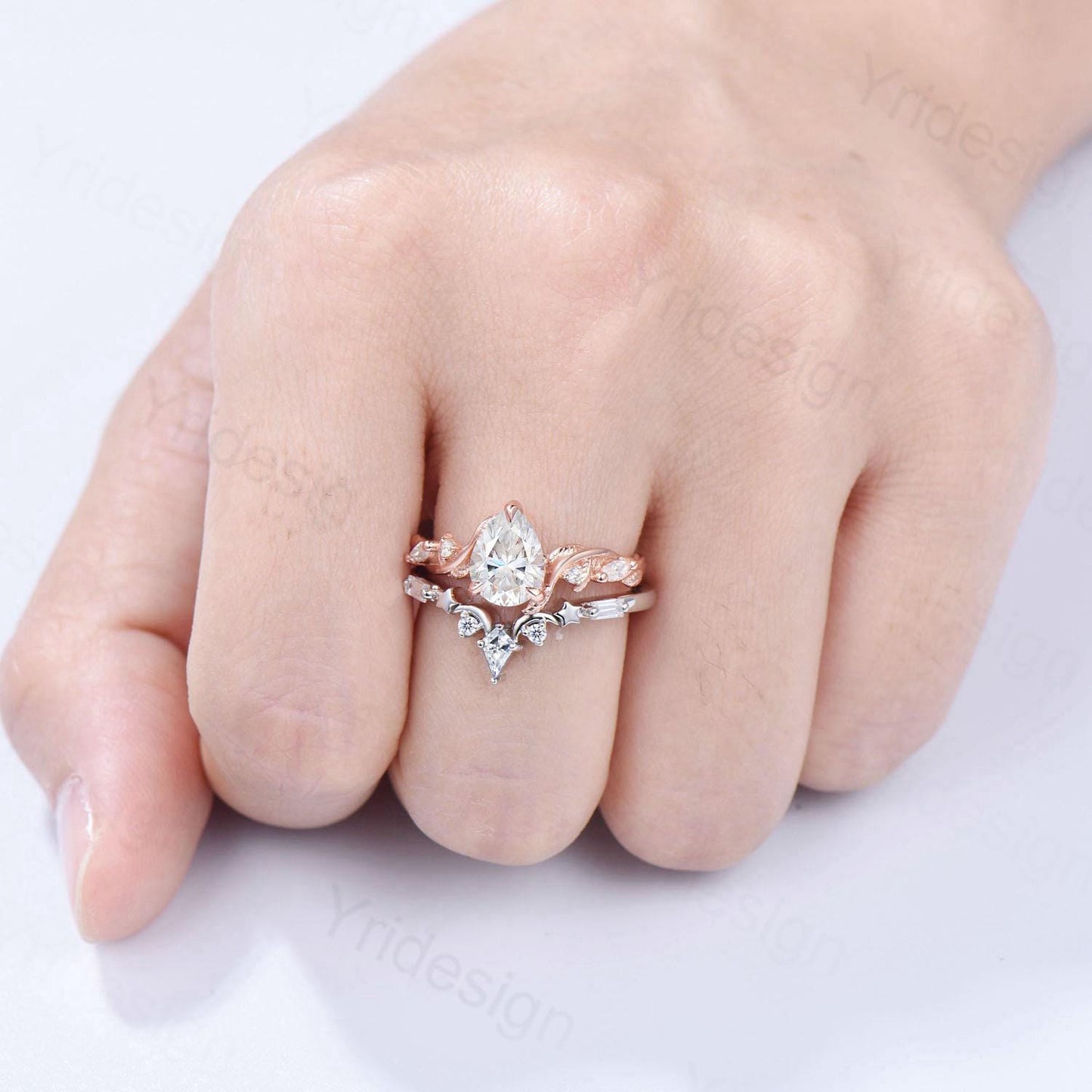 Vintage Pear Shaped Moissanite Engagement Ring Set IGI Certificate Lab Grown Diamond Wedding Ring Set Moon Star Stacking Band Bridal Set