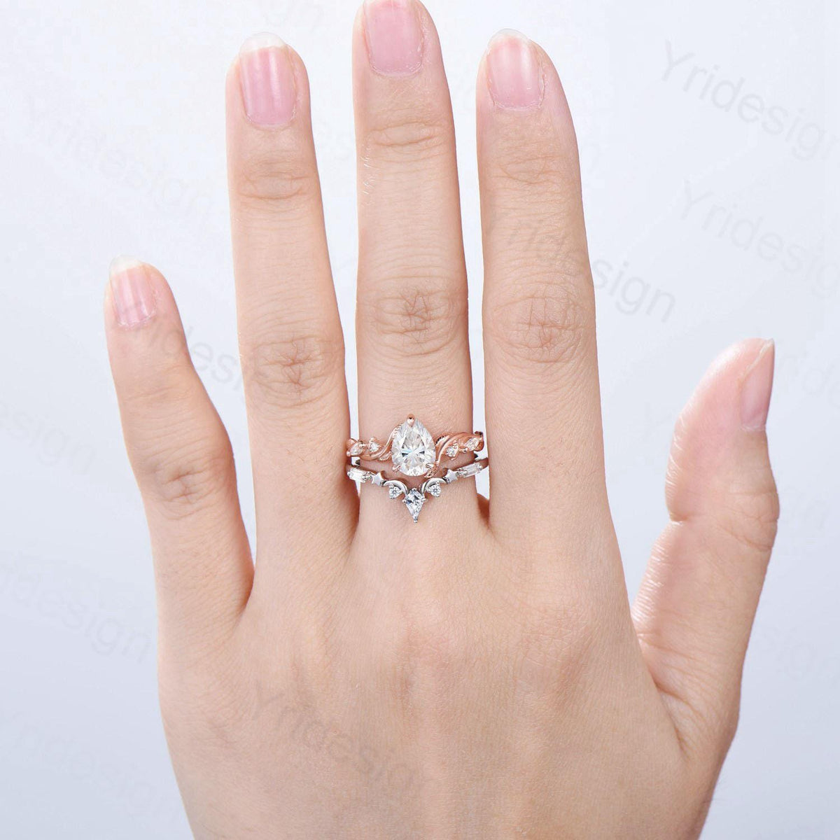 Vintage Pear Shaped Moissanite Engagement Ring Set IGI Certificate Lab Grown Diamond Wedding Ring Set Moon Star Stacking Band Bridal Set