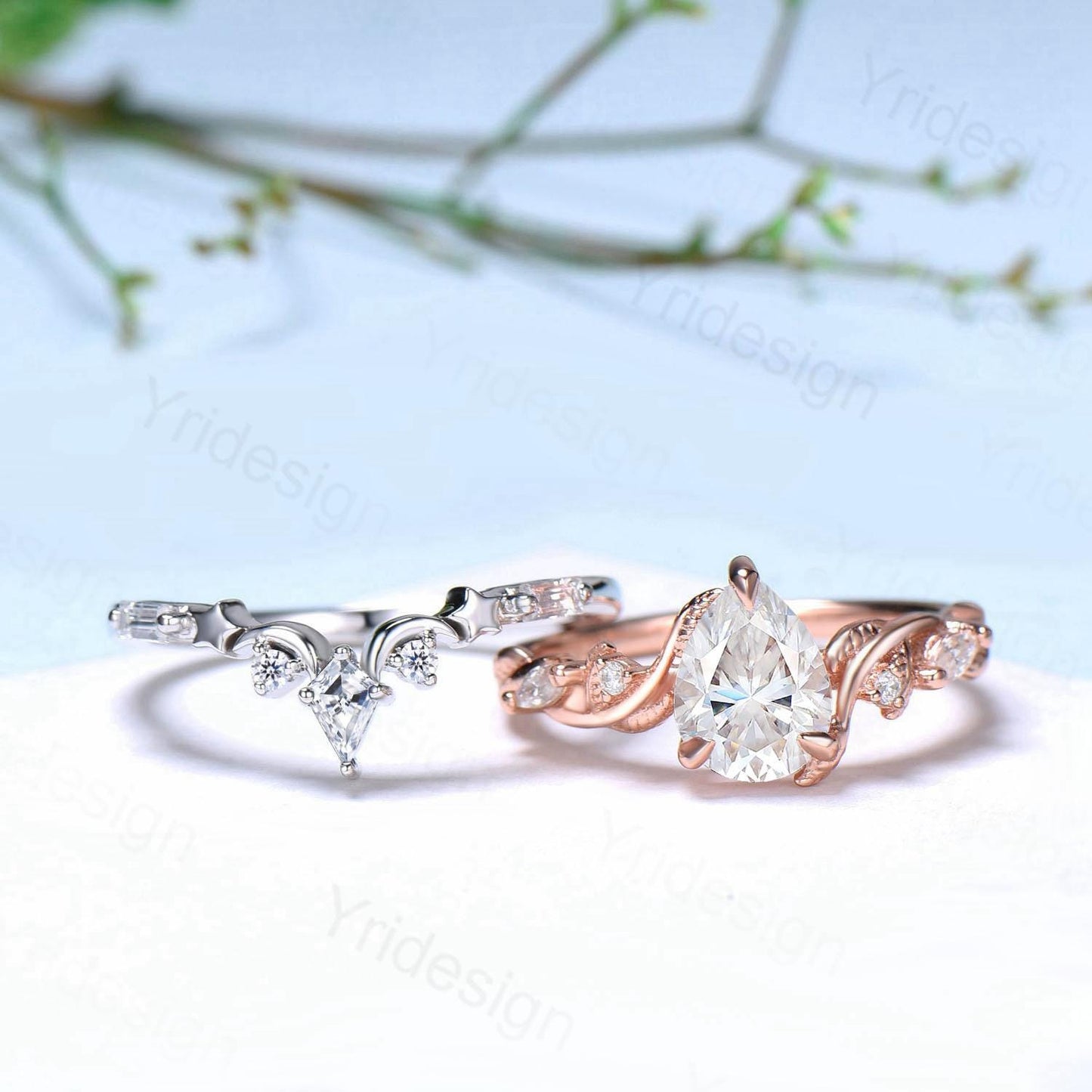 Vintage Pear Shaped Moissanite Engagement Ring Set IGI Certificate Lab Grown Diamond Wedding Ring Set Moon Star Stacking Band Bridal Set