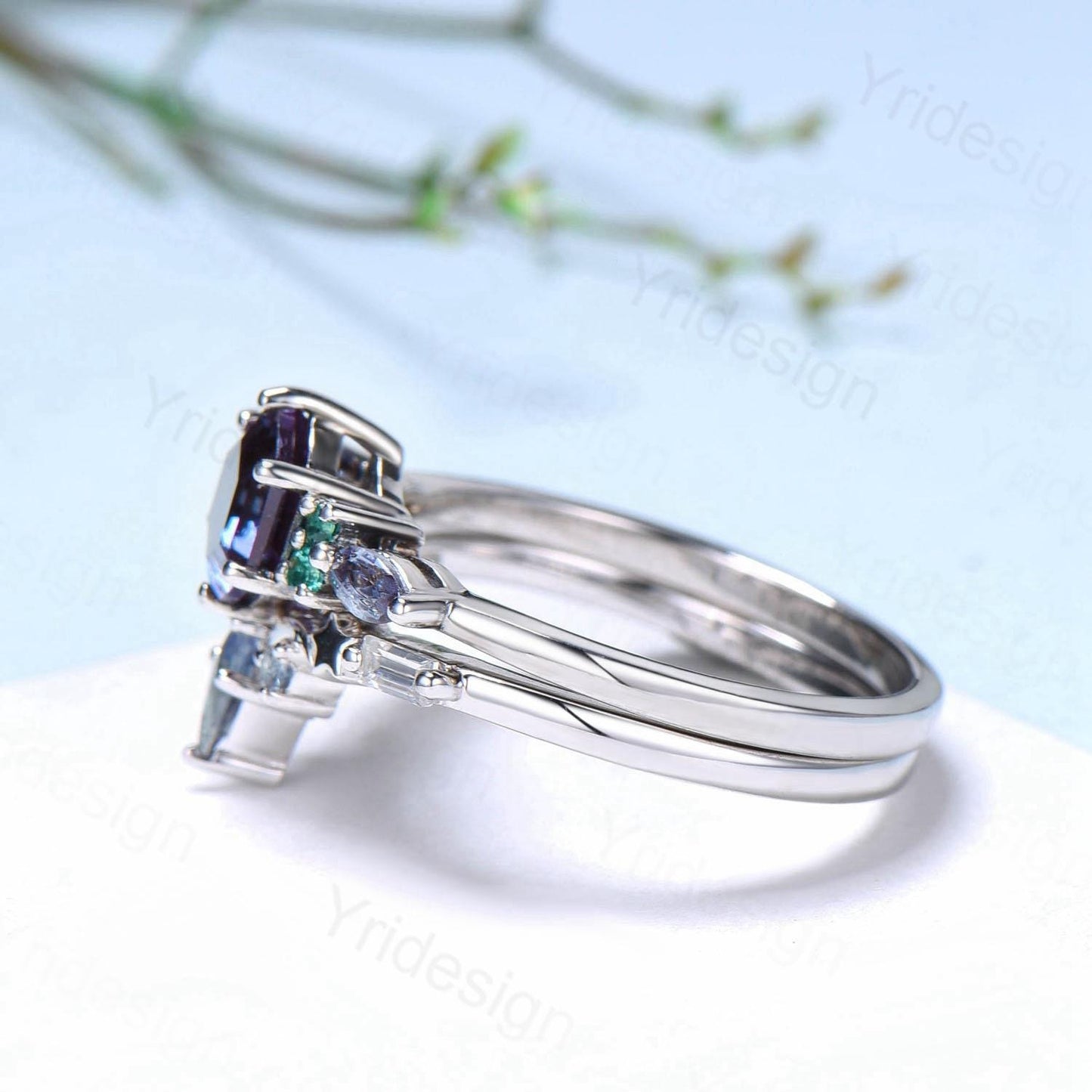 Vintage Style Alexandrite Engagement Ring Set, Promise Ring June Birthstone Gift For Her, Cluster Emerald Bridal Set, Moon Star Kite Band